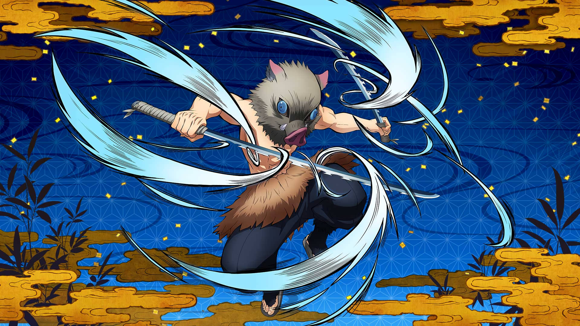 Demon Slayer Inosuke'nin Kılıçlarında Su Döngüleri Duvar Kağıdı