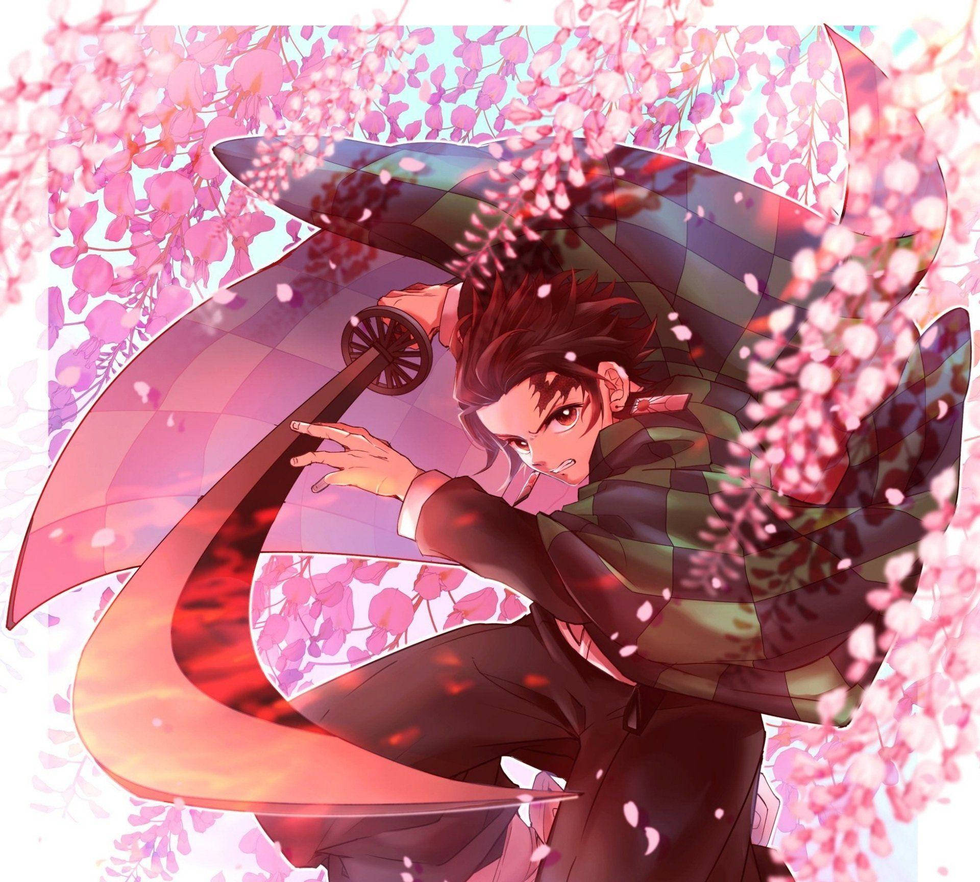 Demon Slayer Tanjiro Pembe Çiçekler Duvar Kağıdı