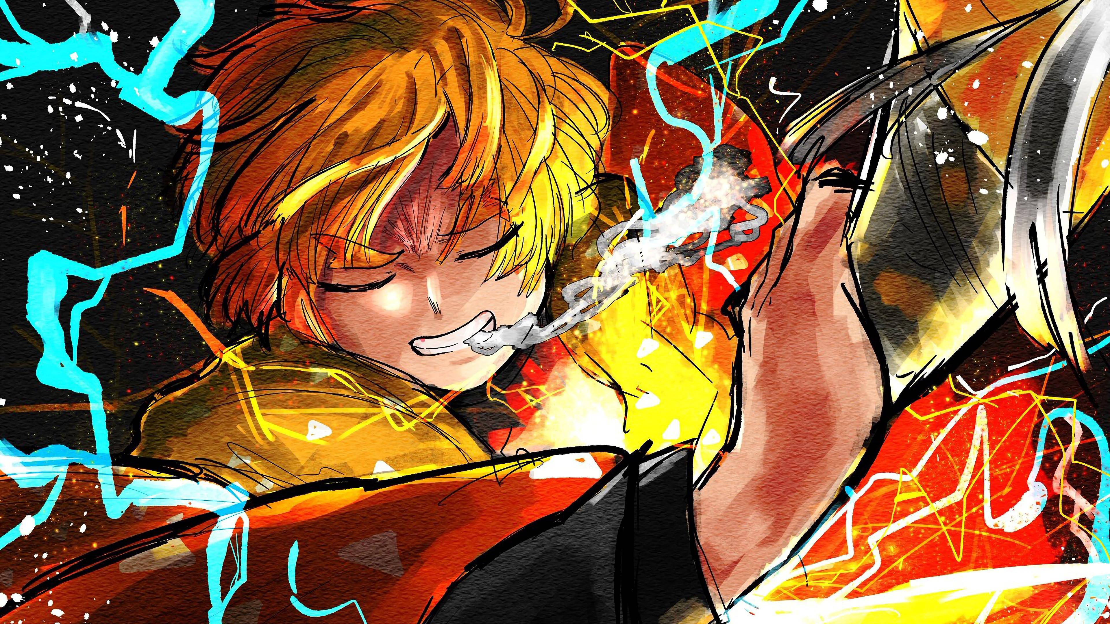Demon Slayer Zenitsu Dijital Sanat Duvar Kağıdı