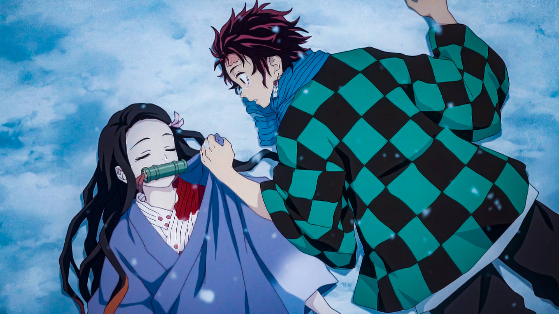 Karlı zeminde Nezuko'ya bakan Tanjiro'nun Demon Slayer duvar kağıdı.