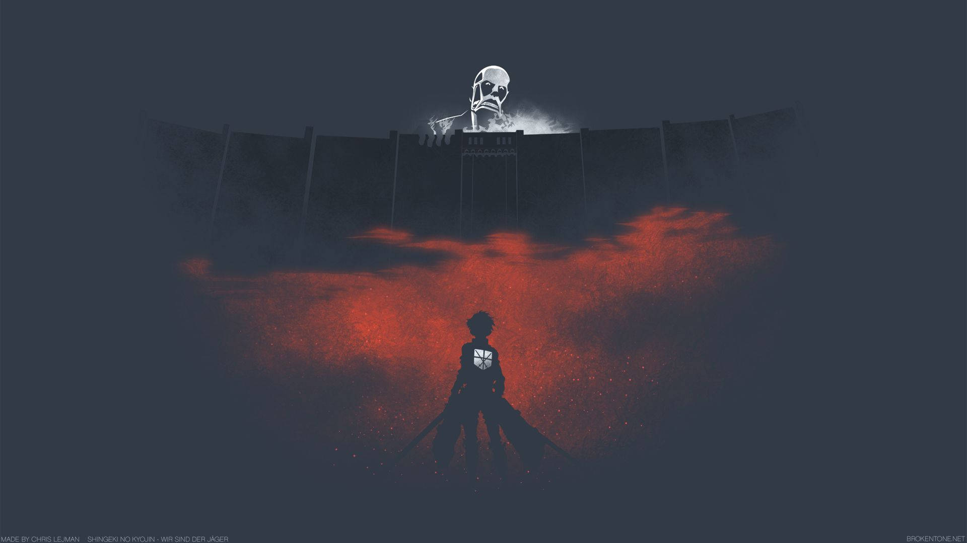 Eren, Attack on Titan dijital sanat duvar kağıdında duvara bakan Devasa Titan ile yüzleşiyor.