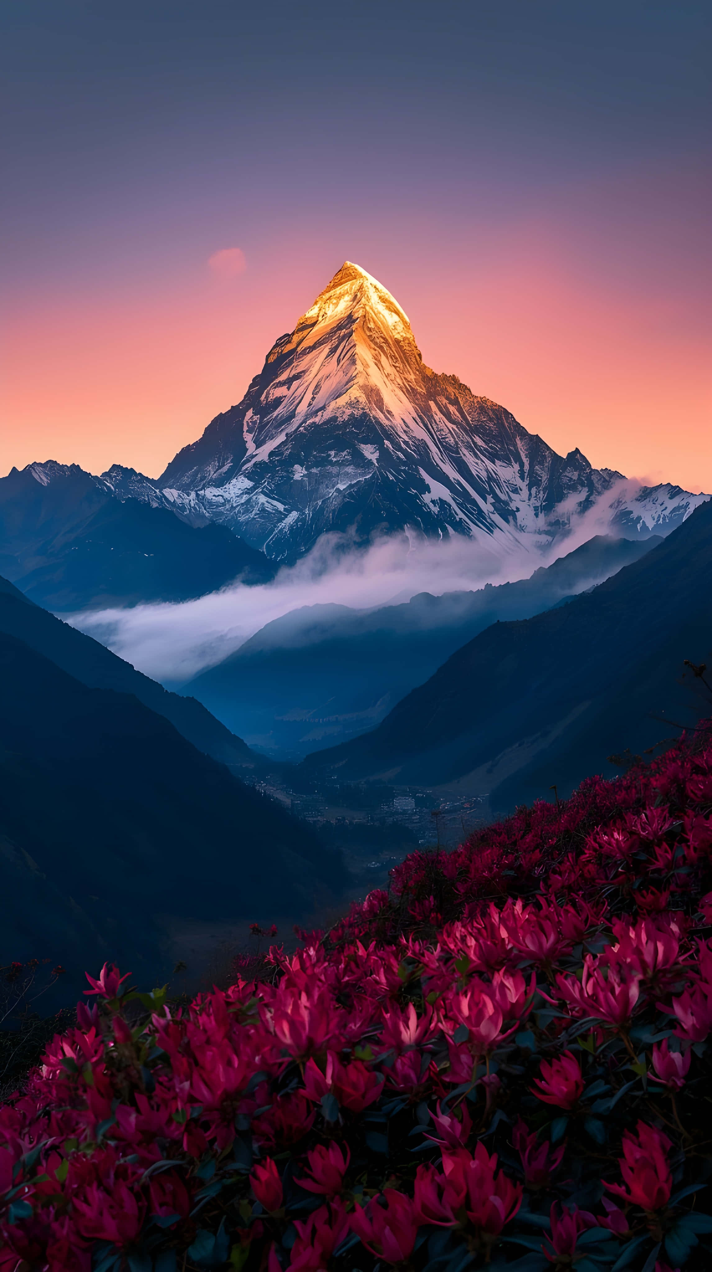 Dikey Himalaya Gün Batımı Manzarası ve Pembe Bitki Örtüsü Duvar Kağıdı