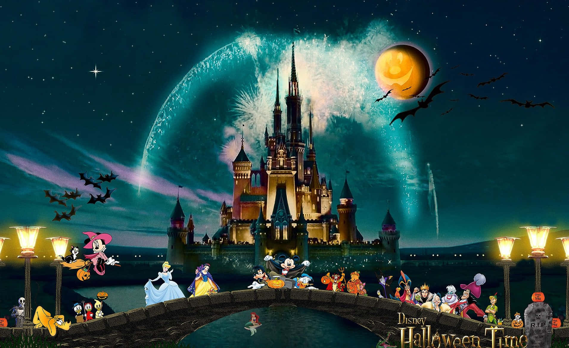 Disney Cadılar Bayramı Duvar Kağıdı: Mickey, Minnie ve Kötü Karakterler Duvar Kağıdı