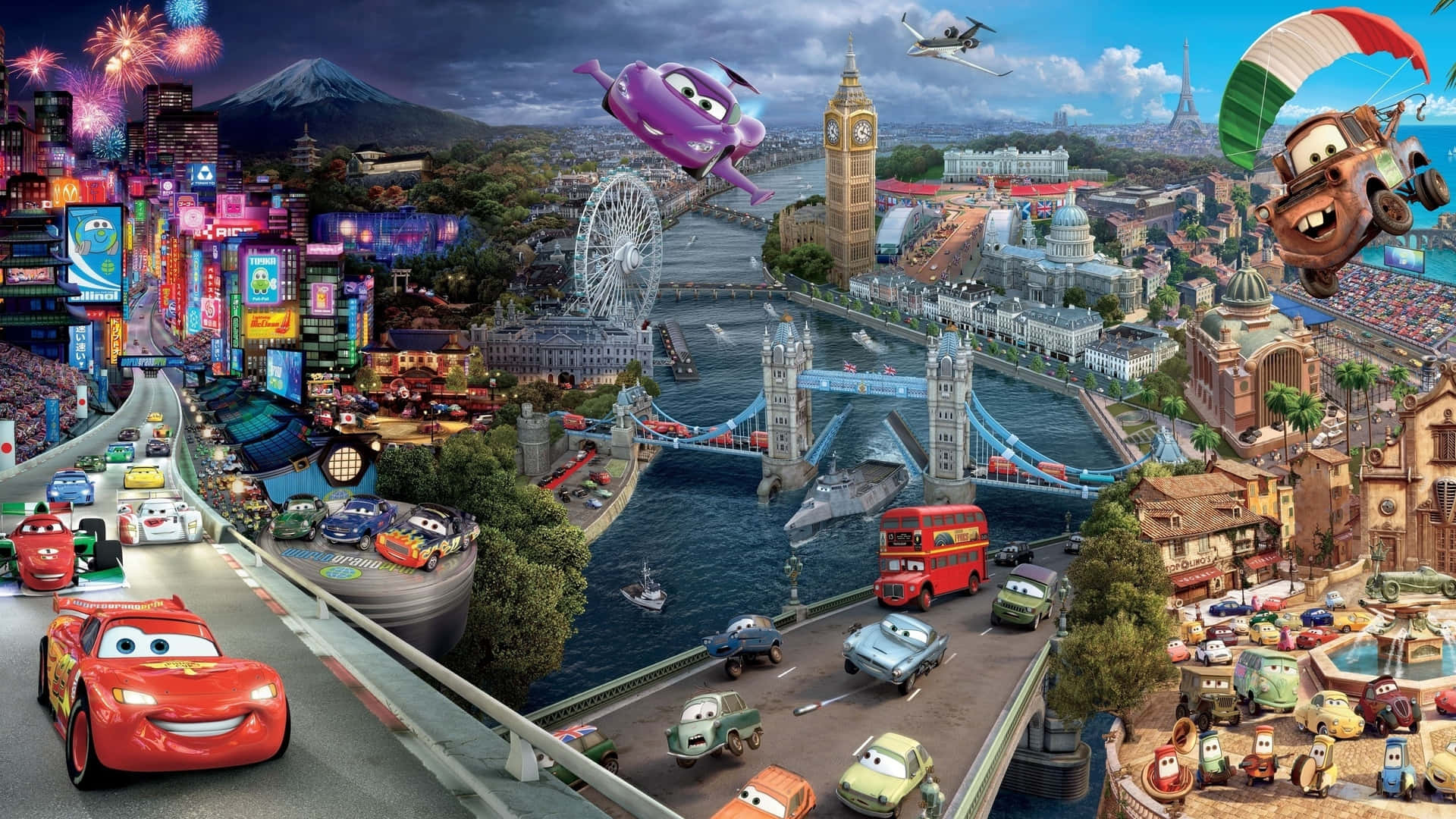 disney cars - arabaların etrafta uçuştuğu bir şehir Duvar Kağıdı