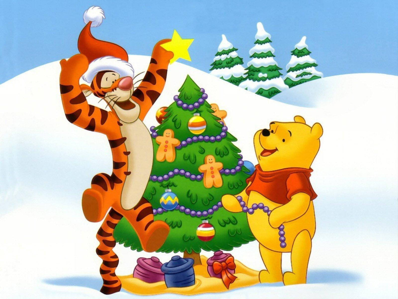 Disney Winnie The Pooh Noel Ağacı Süslerken Duvar Kağıdı