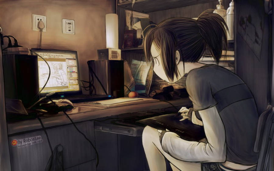 Dizüstü Bilgisayarının Başında Kafası Karışmış Anime Kızı Duvar Kağıdı