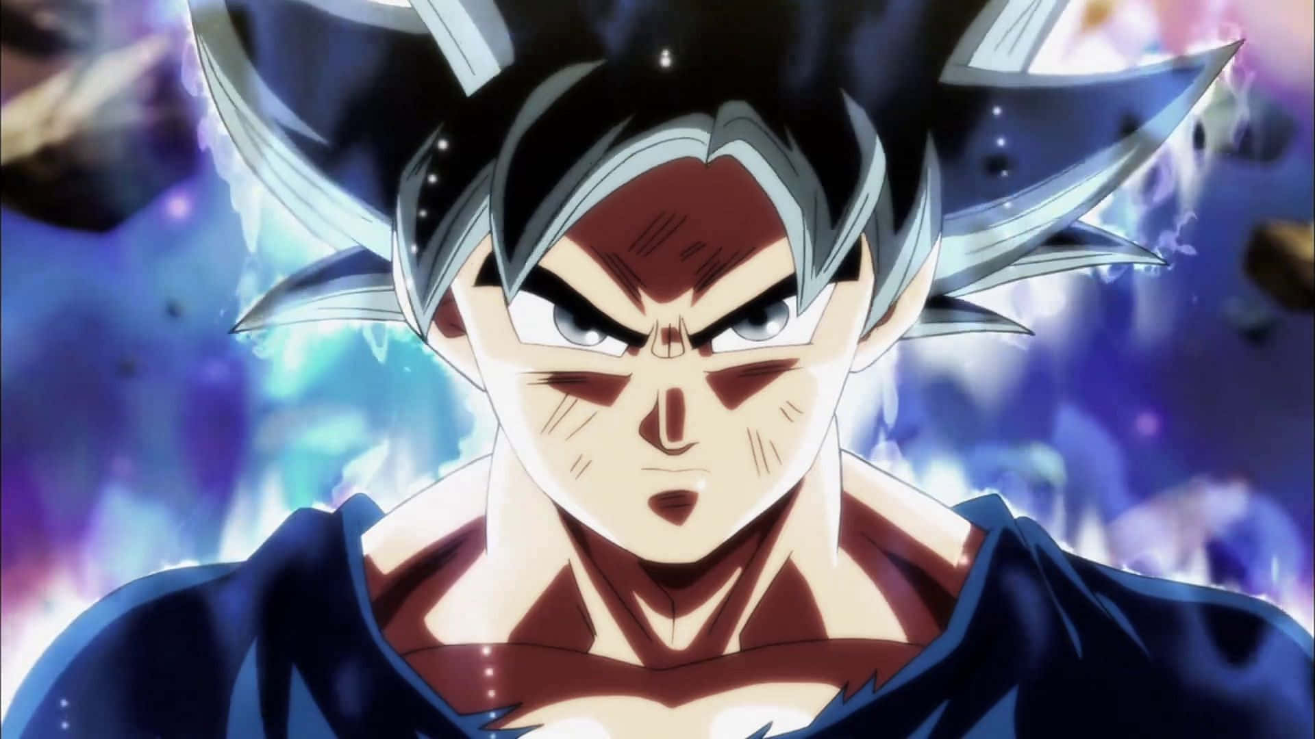 Dragon Ball Super'de Goku'nun Ultra Instinct gücünü açarken gözlerinin gümüşe dönüşmesi. Duvar Kağıdı