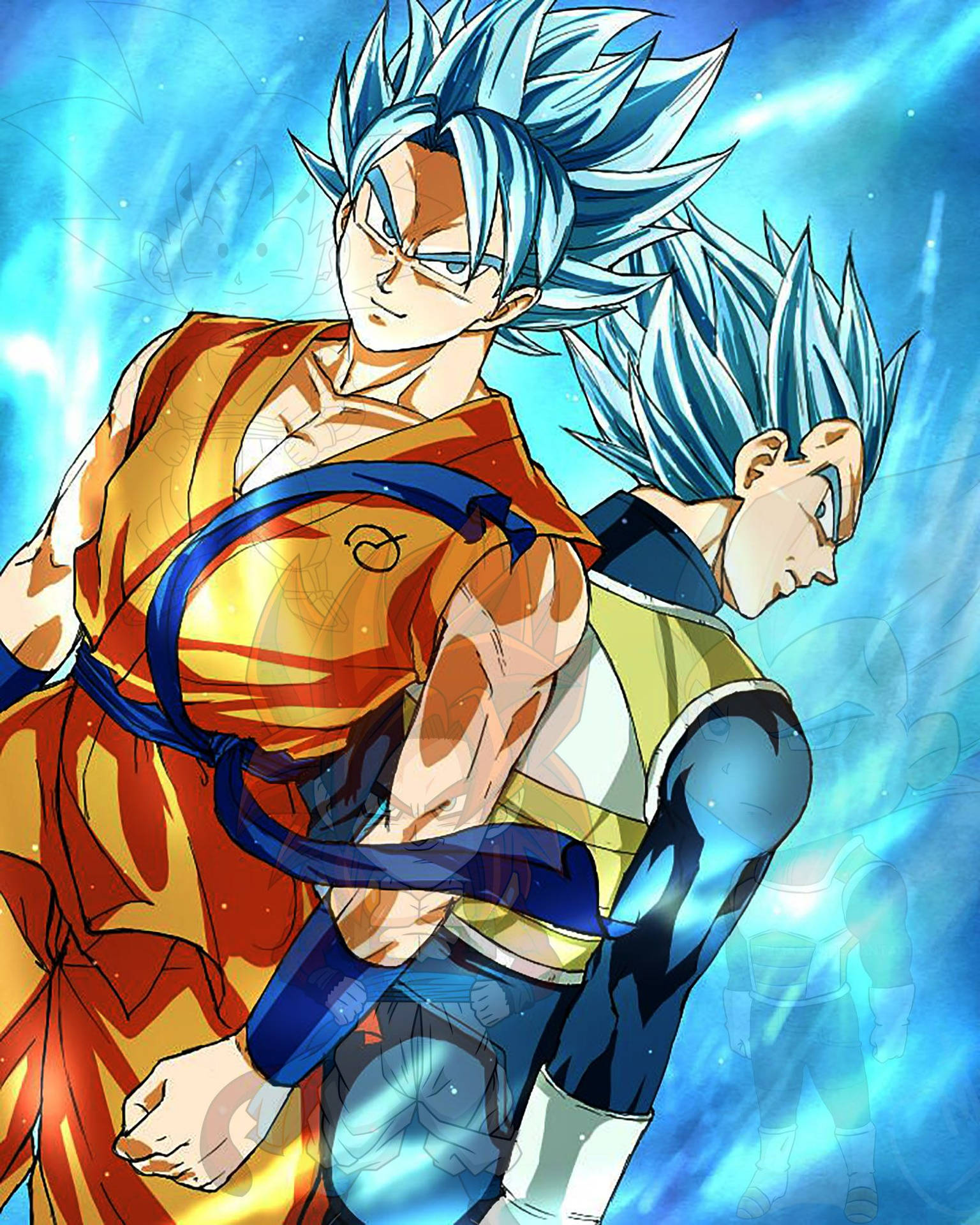 Dragon Ball Super broly San Goku ve Vegeta ile mavi ateşli bir yerde, süper saiyanlar anime.