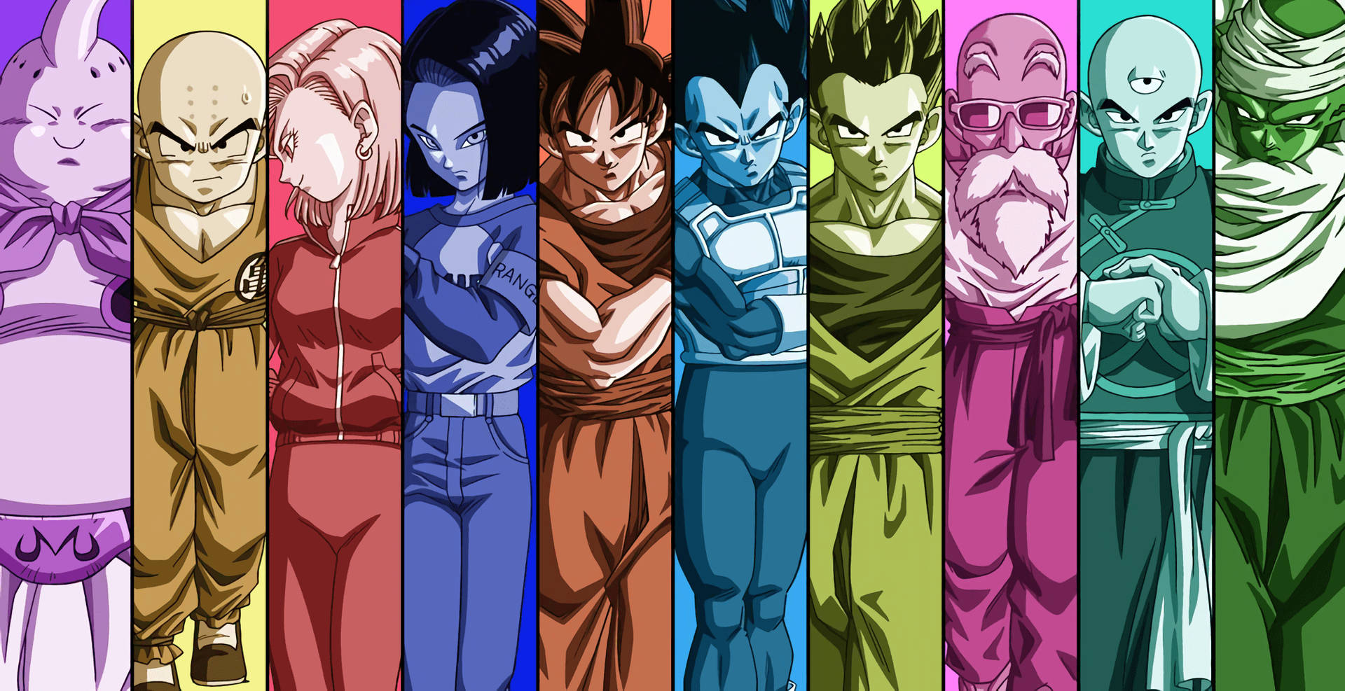 Renkli kıyafetler içinde Dragon Ball karakterleri süper broly, süper saiyan anime karakterleri.