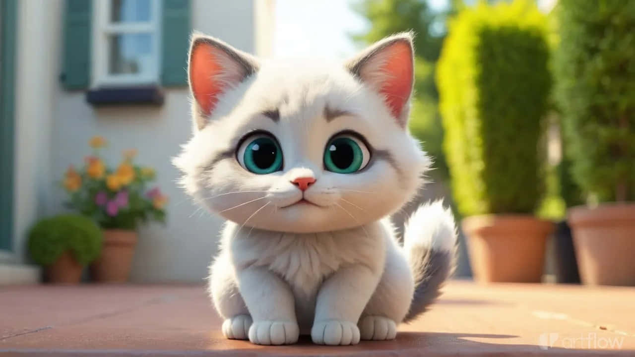 Dışarıda Oturan Sevimli Büyük Gözlü Yavru Kedi – 3D Tarzı Şirin Kedi Duvar Kağıdı