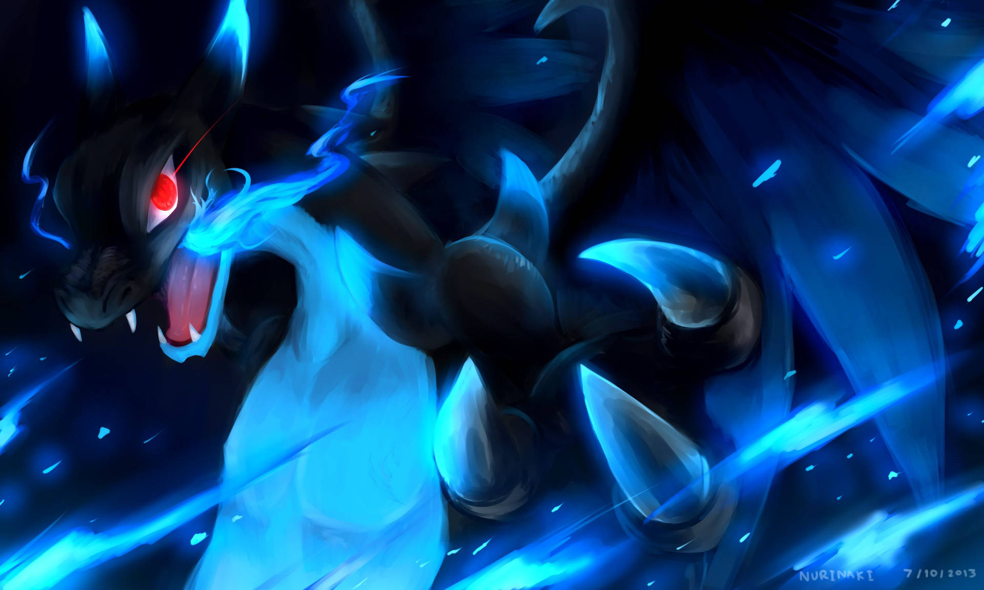Kırmızı gözleri ve mavi ateşiyle savaşa hazır mavi mega Charizard Pokemon evrimi.