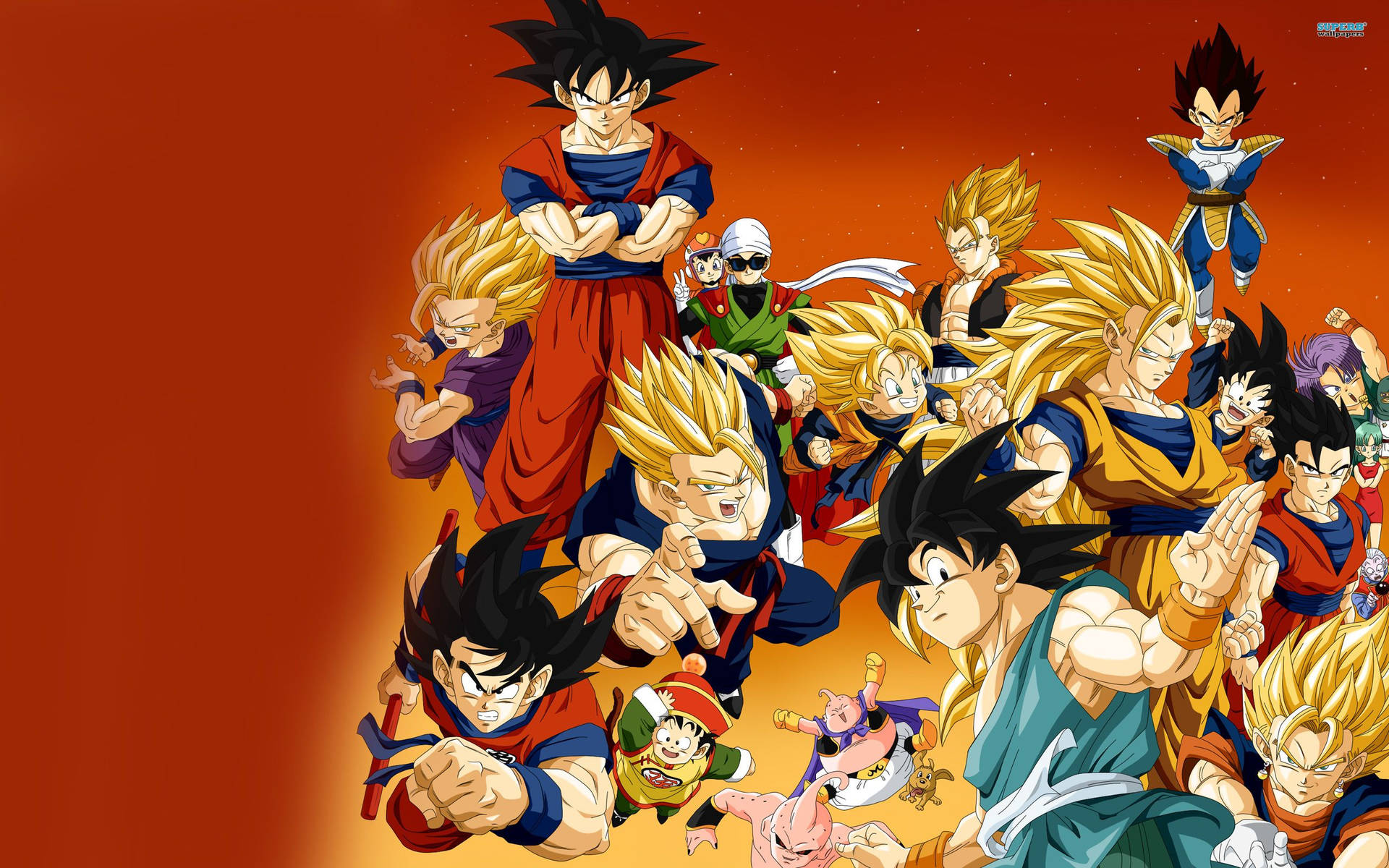 Dragon Ball Z Süper Saiyanlar San Goku, Vegeta, Gohan, Goten ve diğer karakterler.