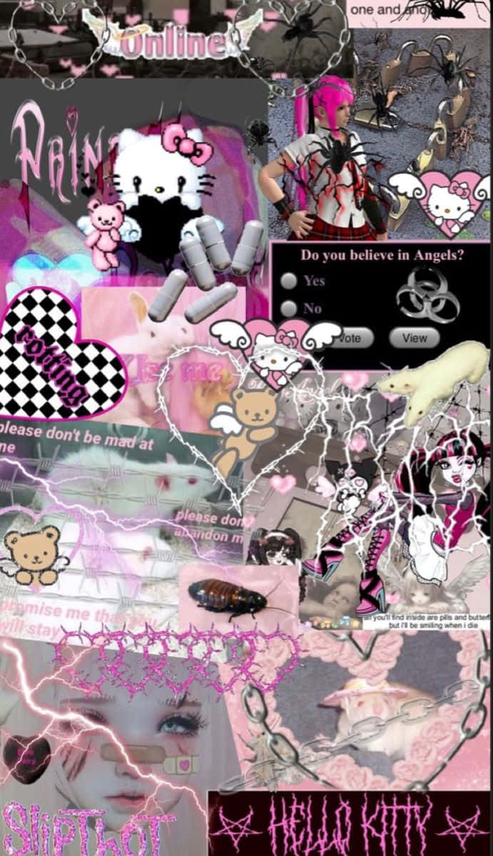 Emo Hello Kitty Havalı Kolaj Duvar Kağıdı