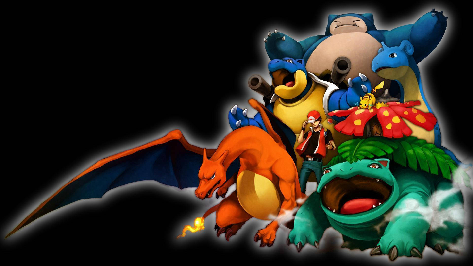 Bulbasaur, Charmander, Squirtle, Ash, Pikachu ve dinozor Pokemon evrimi.