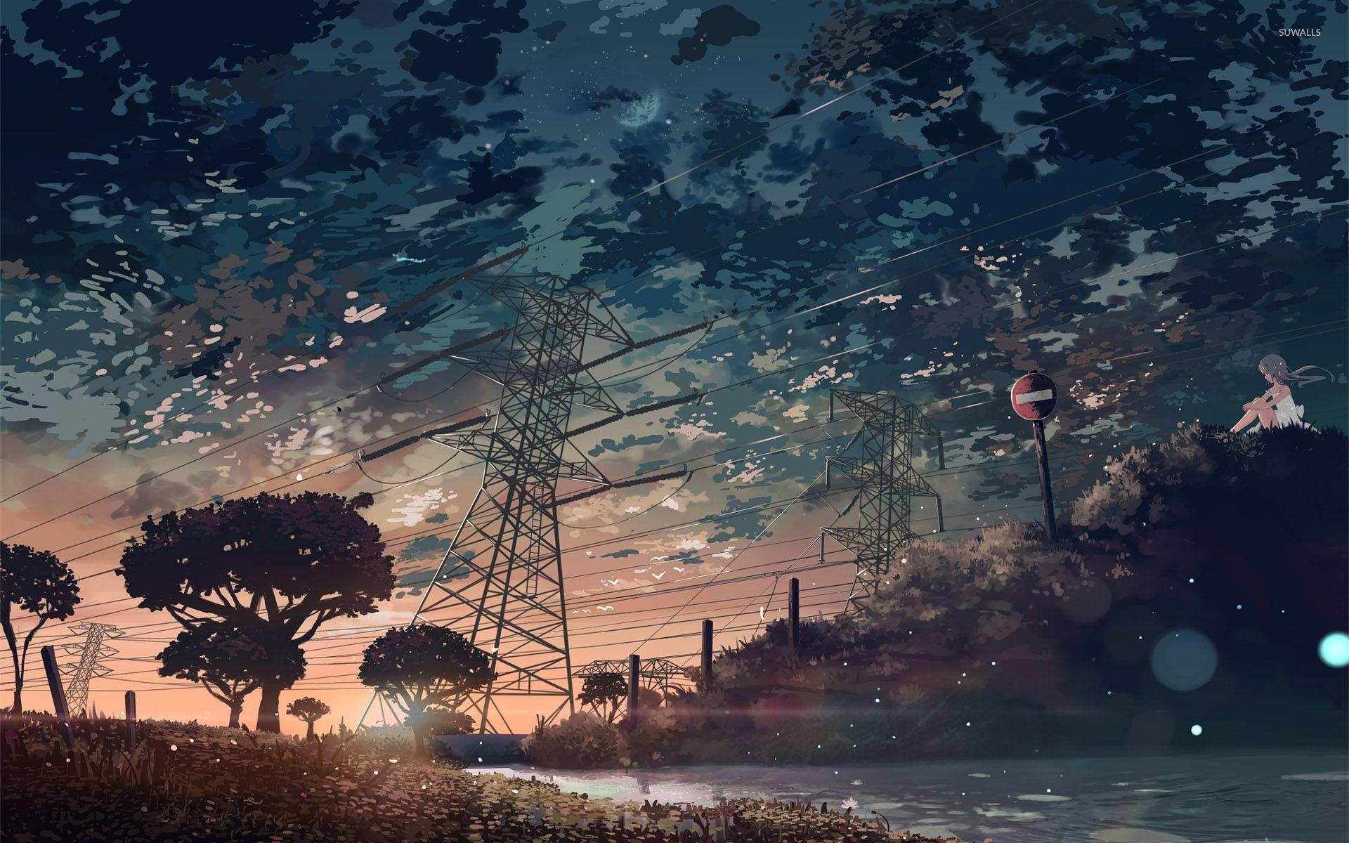 Enerji Hatları Anime Estetiği Gün Batımı Duvar Kağıdı