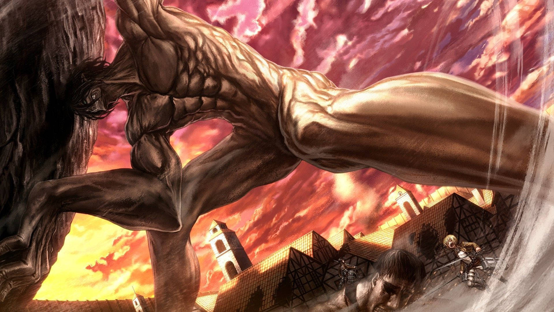 Trost Bölgesi'ndeki deliği kapatmak için kaya taşıyan Titan Eren'in Attack On Titan duvar kağıdı