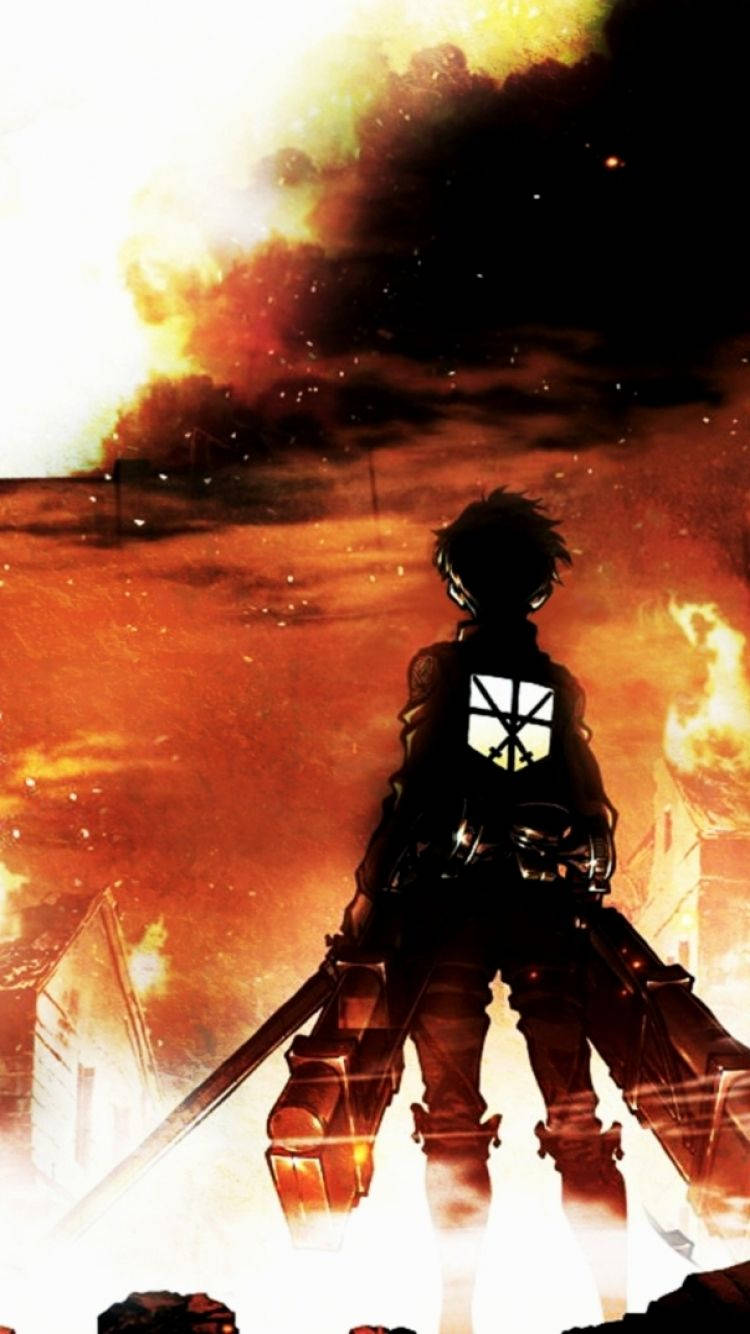 Eren Jaeger'in dalgalanan duman ve ateşle birlikte sırt görünümü, Attack on Titan duvar kağıdında.