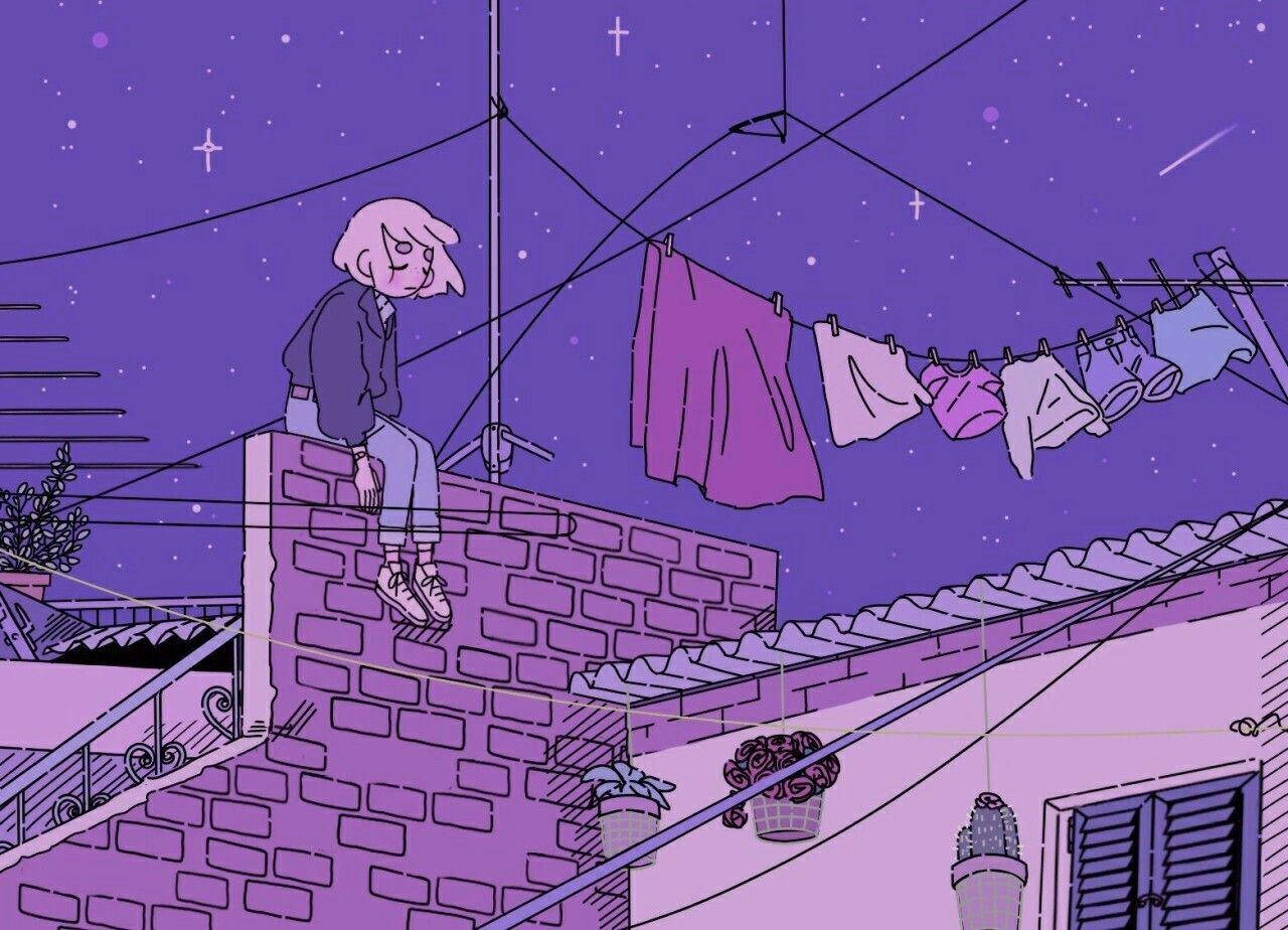 Estetik Anime Kızı Mor Gece — Mor estetik GIF Duvar Kağıdı