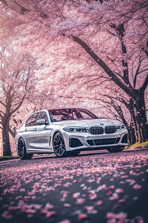 Estetik Bahar Şık Beyaz BMW Kiraz Çiçekleri Altında Duvar Kağıdı