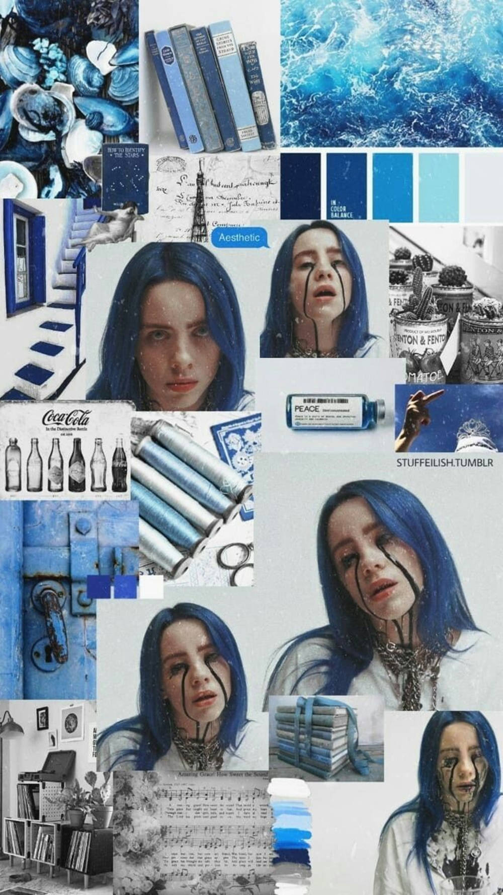 Estetik Billie Eilish Mavi ve Beyaz Kolaj Duvar Kağıdı