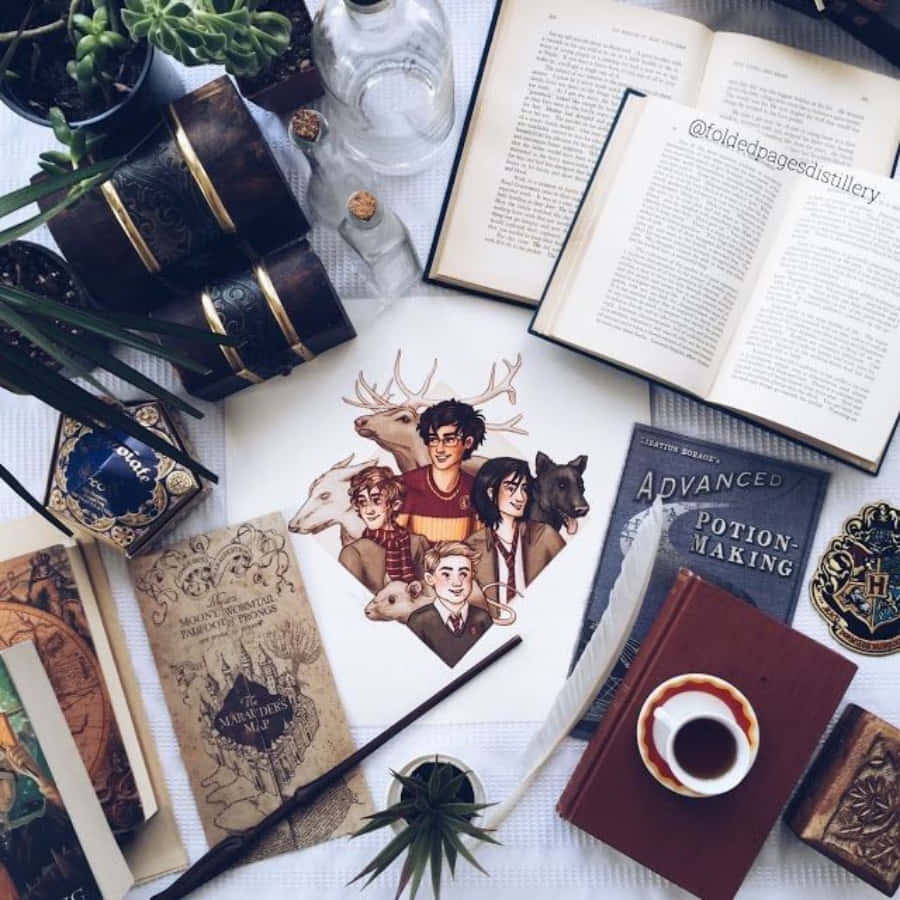Estetik Harry Potter Hatıra Eşyası Vitrin Düzenlemesi Duvar Kağıdı