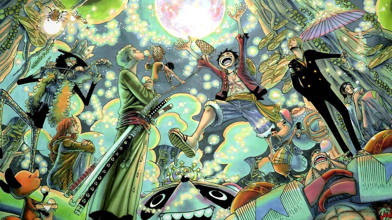 Estetik turkuaz mavisi One Piece hayran sanatı duvar kağıdında Hasır Şapka Korsanları.