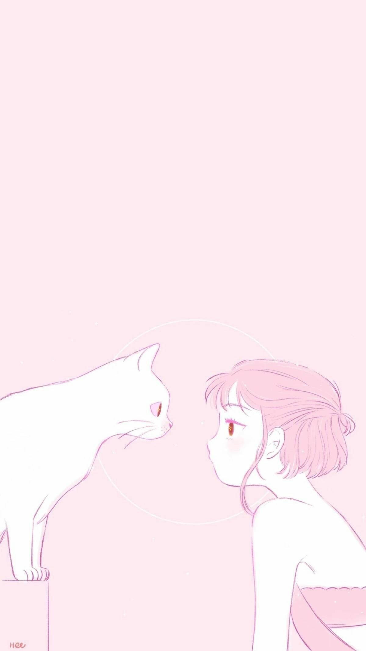 Estetik Pembe Anime Kedi ve Sahibi Duvar Kağıdı