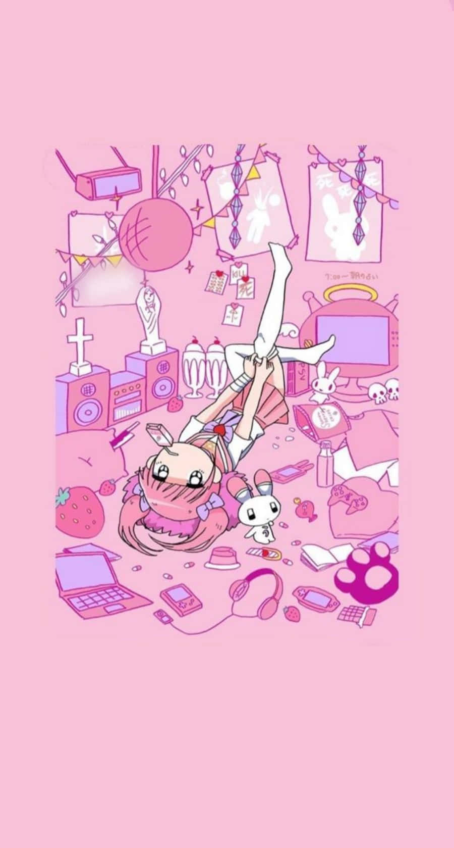 Estetik Pembe Kawaii Menhera-chan Duvar Kağıdı