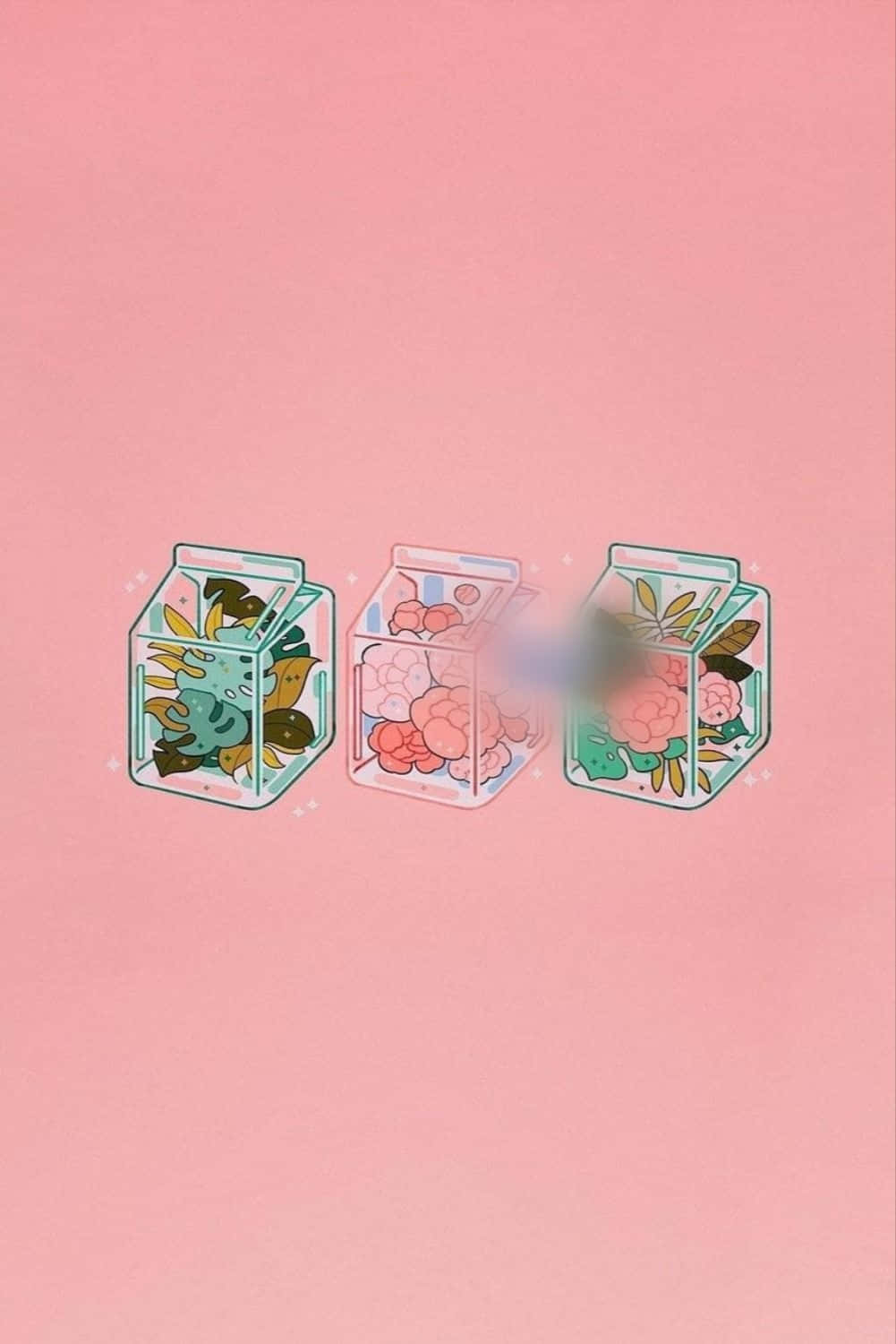 Estetik Pembe Kawaii Kutulu Bitkiler ve Çiçekler Duvar Kağıdı