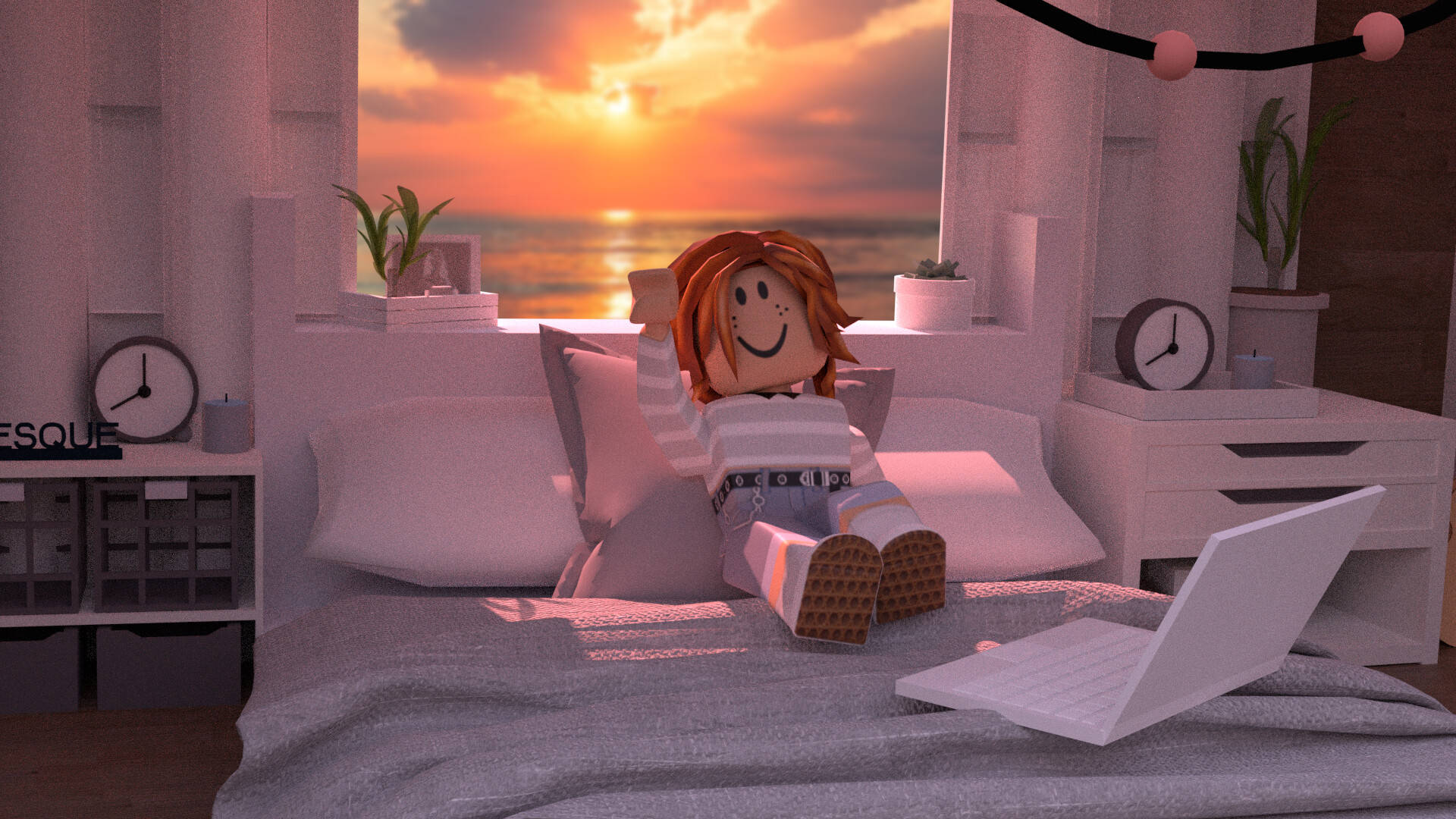 Estetik Roblox Kızı Beyaz Yatak Odası Duvar Kağıdı