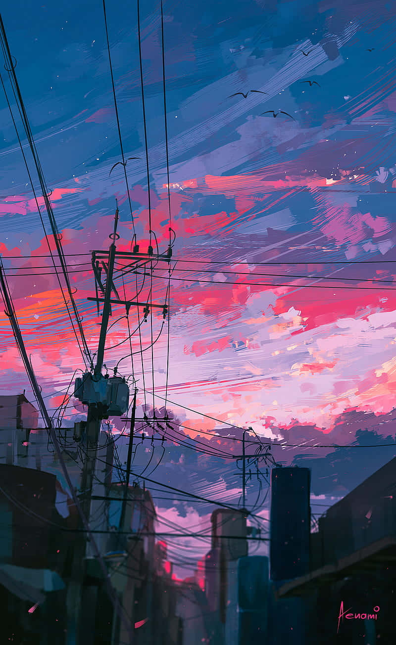 Estetik Tokyo Anime Pembe Gökyüzü Duvar Kağıdı
