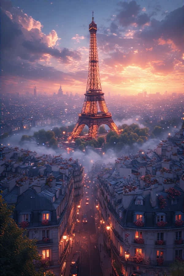 Eyfel Kulesi Gün Doğumunda Paris Çatıları 4K Duvar Kağıdı
