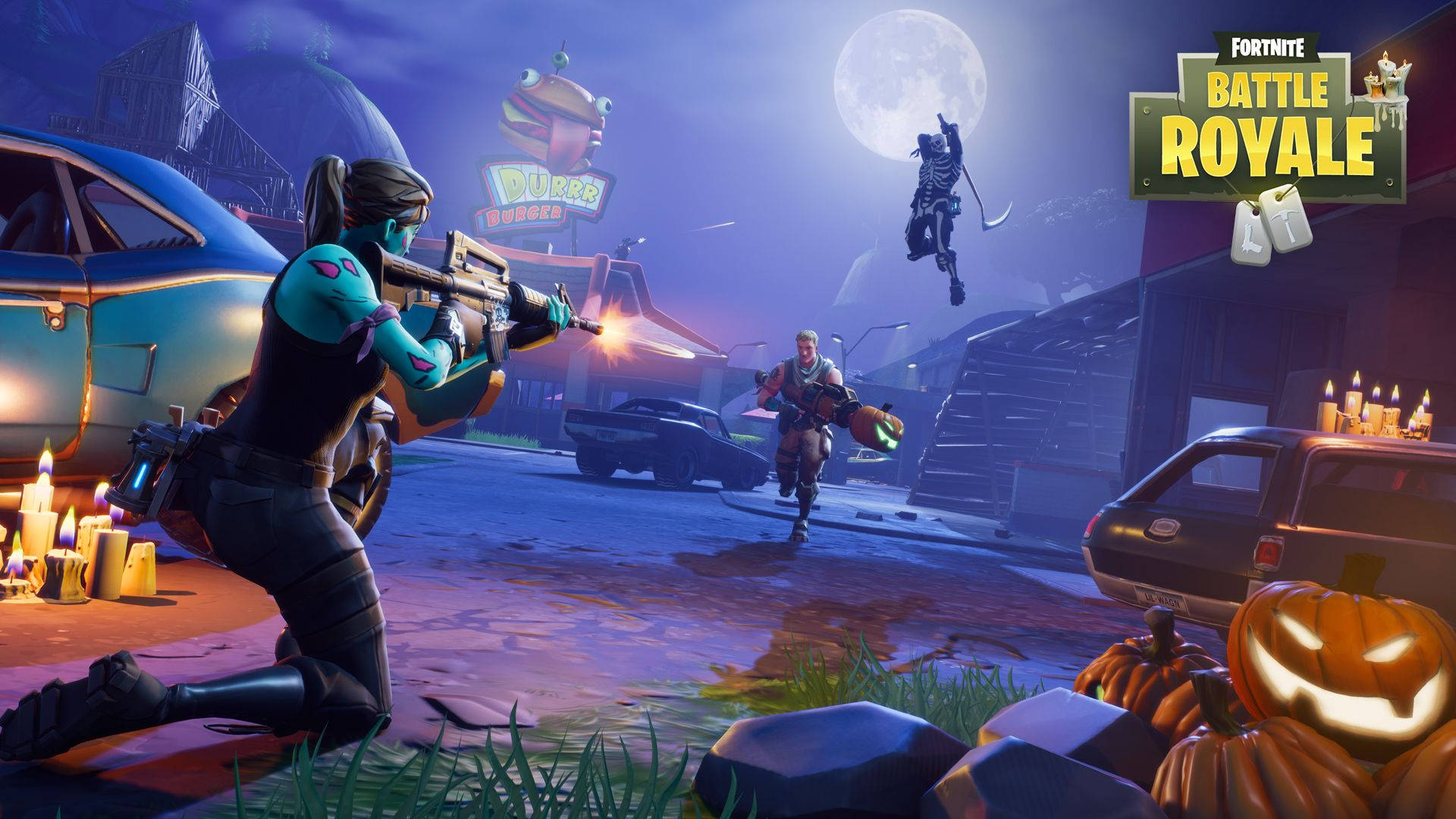 Fortnite duvar kağıdında geceleyin üç karakter arasında bir kavga.