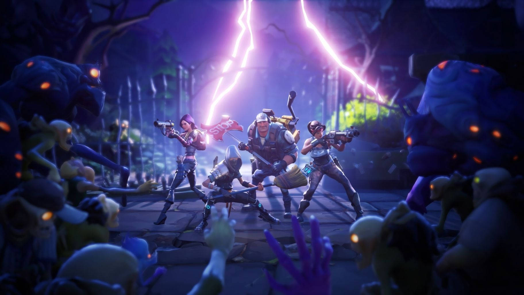 Fortnite'ın zombi orduları ve cesur takımlar arasındaki gergin savaşlarına yakınlaşma Duvar Kağıdı
