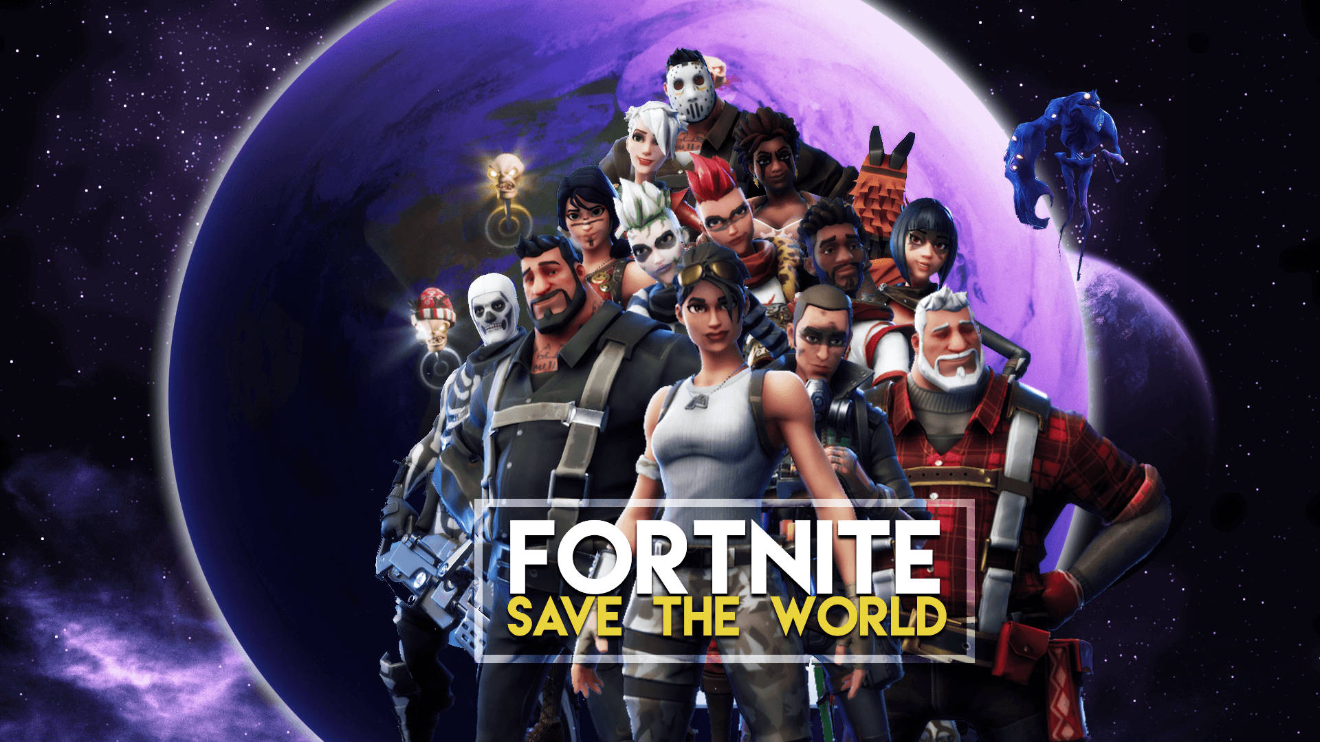Fortnite'ın Save The World modundaki birkaç karakterin gezegen duvar kağıdıyla derlemesi.