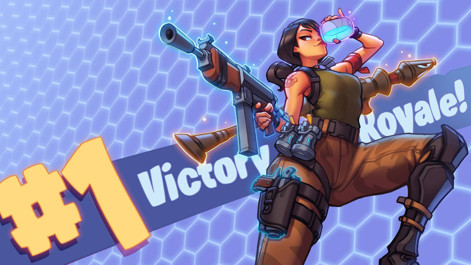 Fortnite'tan silah tutan ve kalkan iksiri içen bir kadın karakter duvar kağıdı.