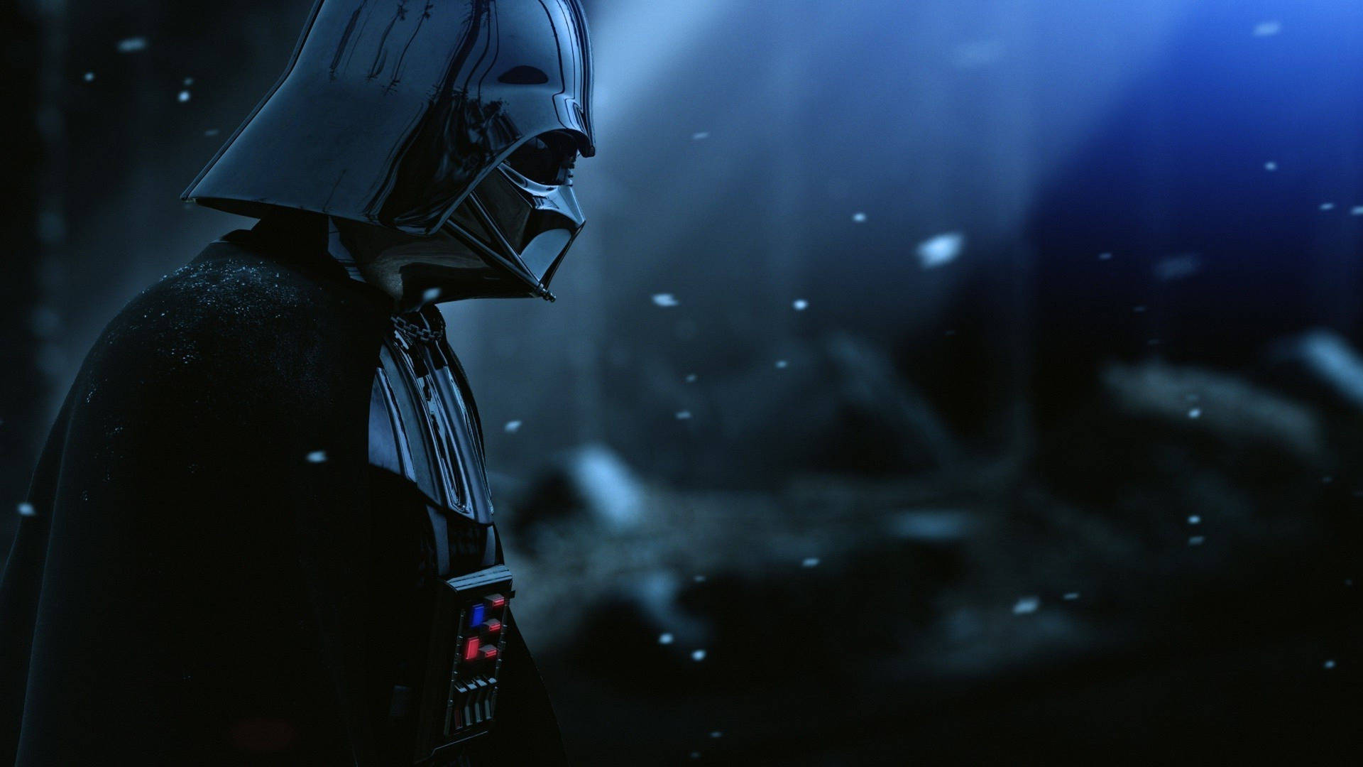 Star Wars duvar kağıdı: Darth Vader yan görünümde, karlı siyah arka planda duruyor.