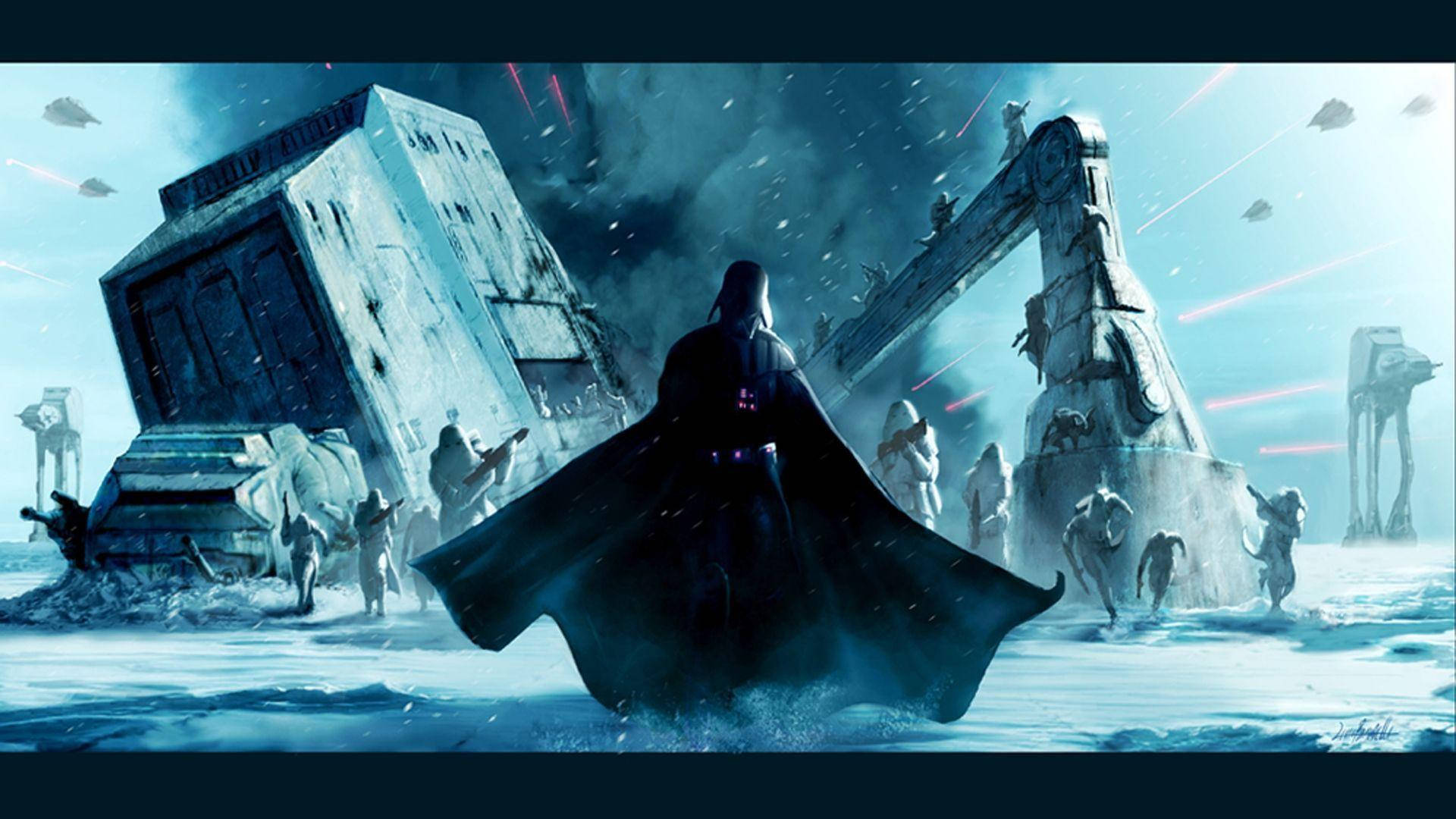 Star Wars duvar kağıdı: Darth Vader harap olmuş bir şehir gezegeninde duruyor.