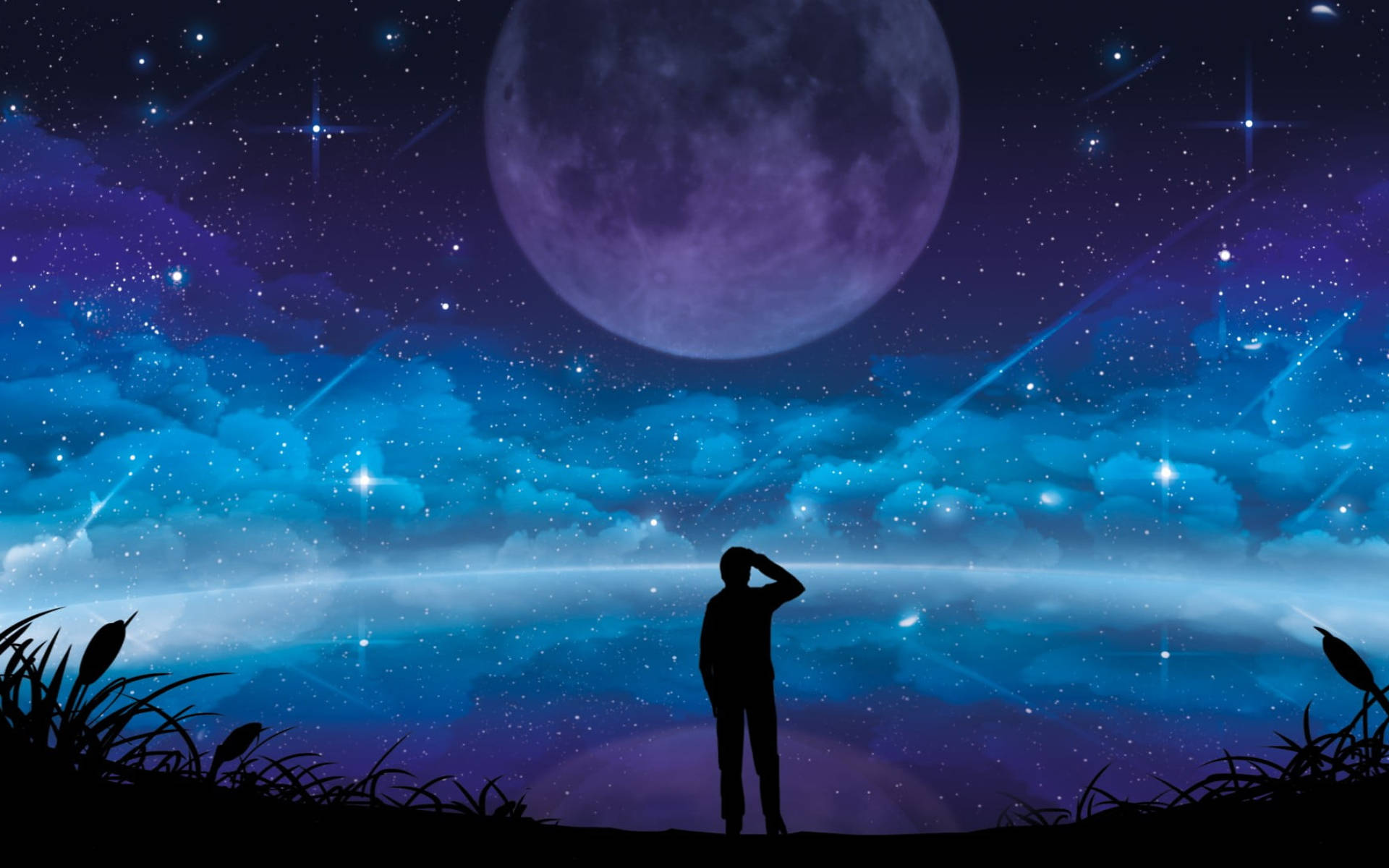 Galaxy Ay ve Adam Silüeti Duvar Kağıdı