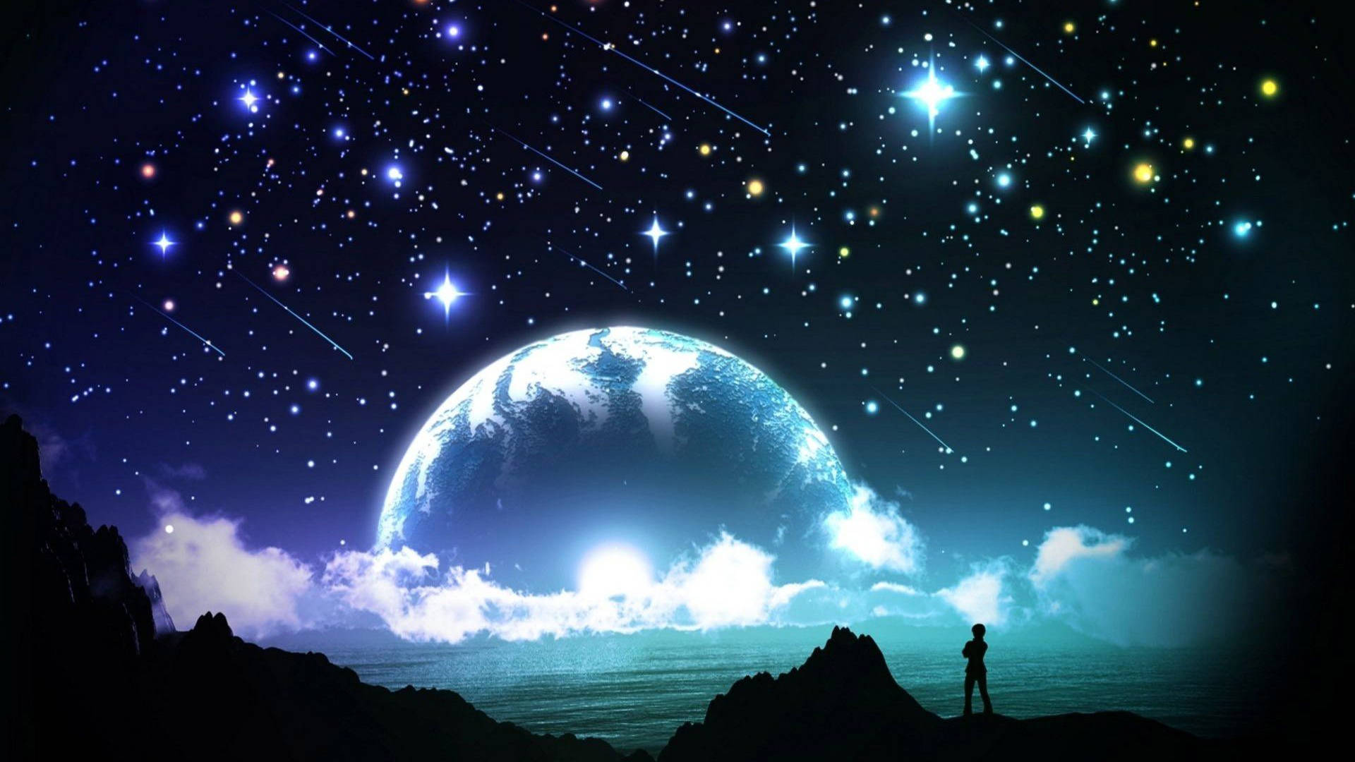 Galaxy Ay ve Parıldayan Yıldızlar Duvar Kağıdı