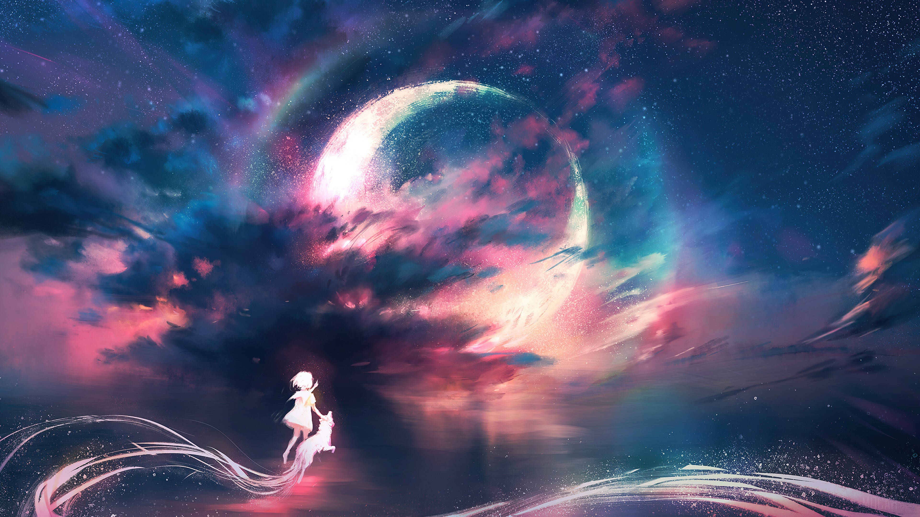 Galaxy Moon ve Anime Kızı Duvar Kağıdı