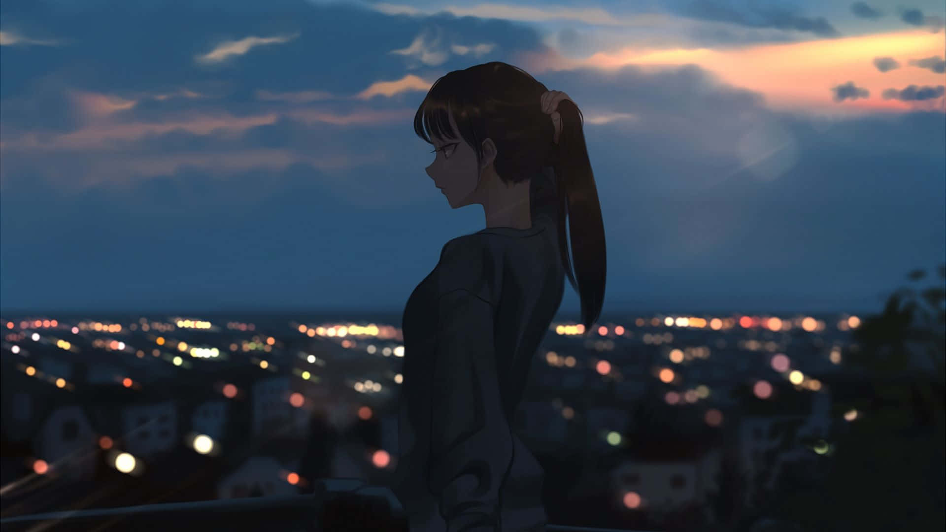 Gece Anime Şehir Manzarasına Bakan Kadın Duvar Kağıdı