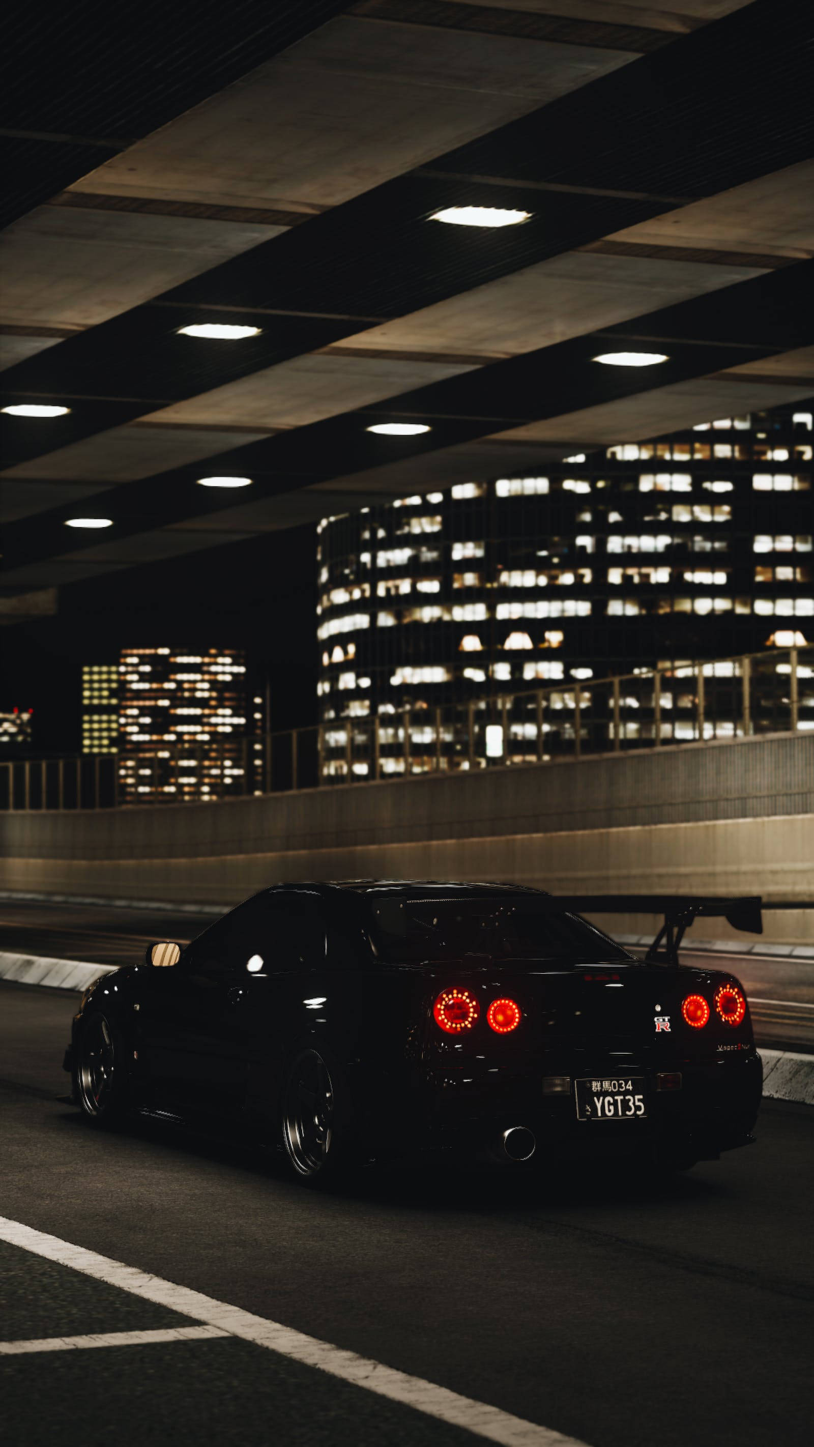 Gece Işıkları ve Siyah Nissan GT R 4K Duvar Kağıdı