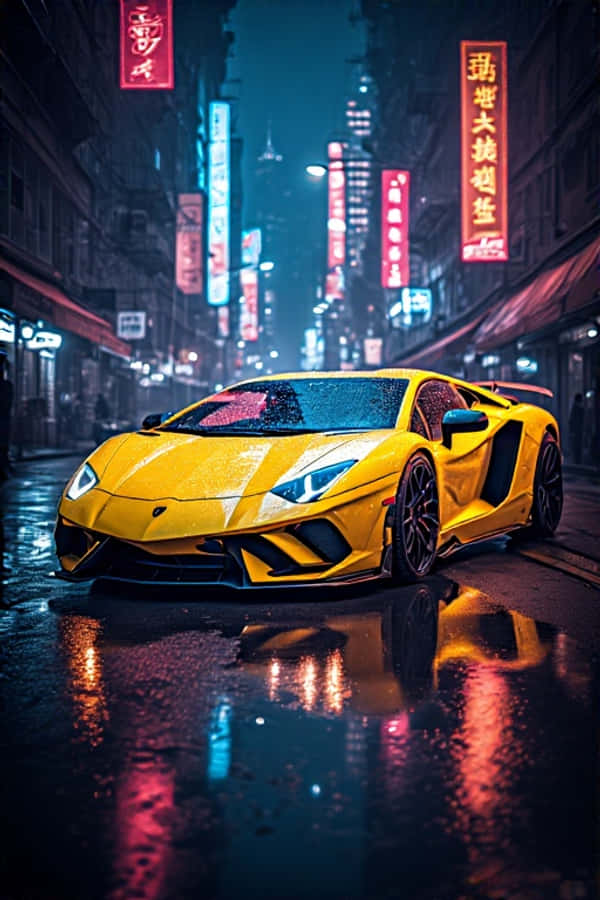 Gece Neon Sarı Lamborghini ve Gelecekçi 4K Şehir Işıkları Portre Duvar Kağıdı