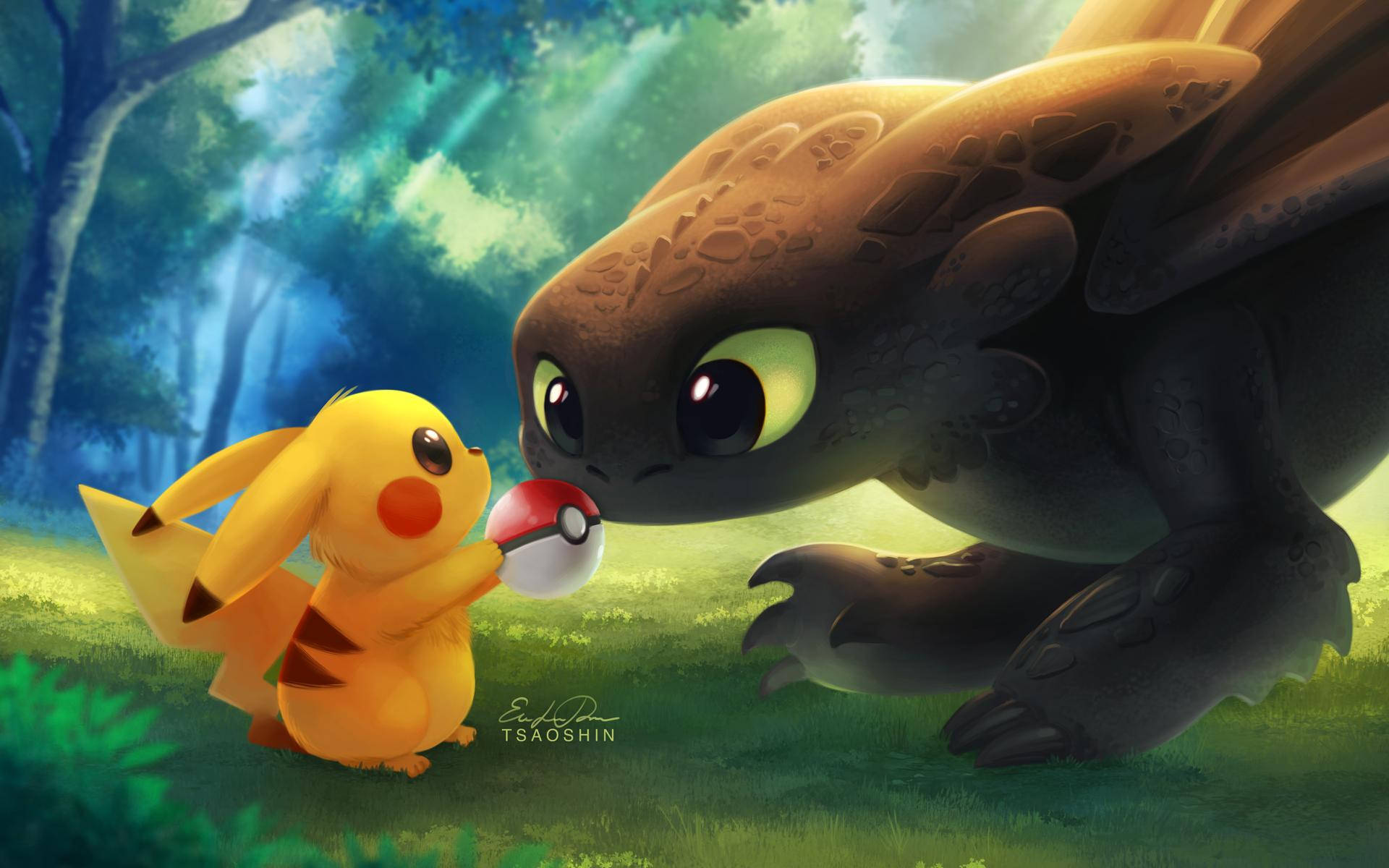 Gerçek hayattan iki efsaneye destek – Pikachu ve Toothless. Duvar Kağıdı