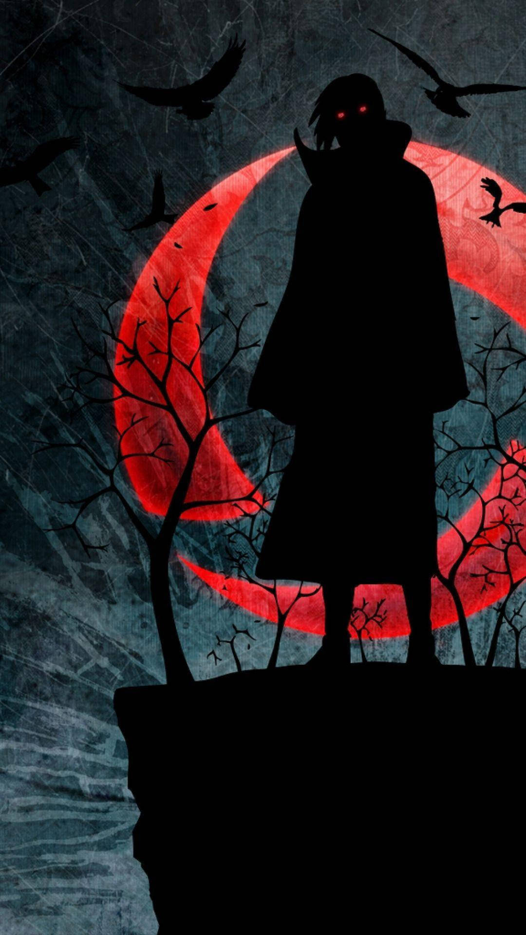 Gizemli Itachi Uchiha, kızıl ayın altında. Duvar Kağıdı