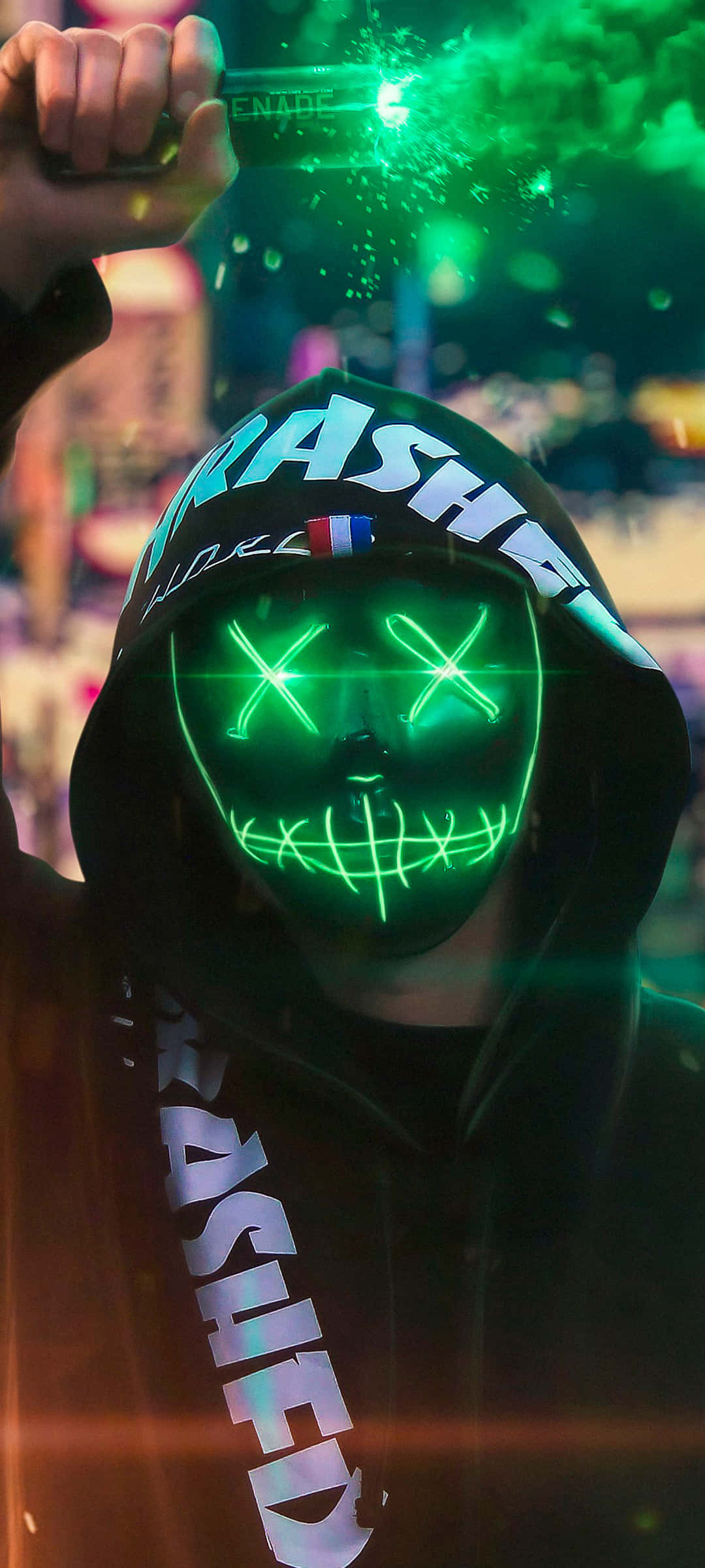 Gizemli Neon Maskeli Adam Yeşil Dumanın İçinde Duvar Kağıdı