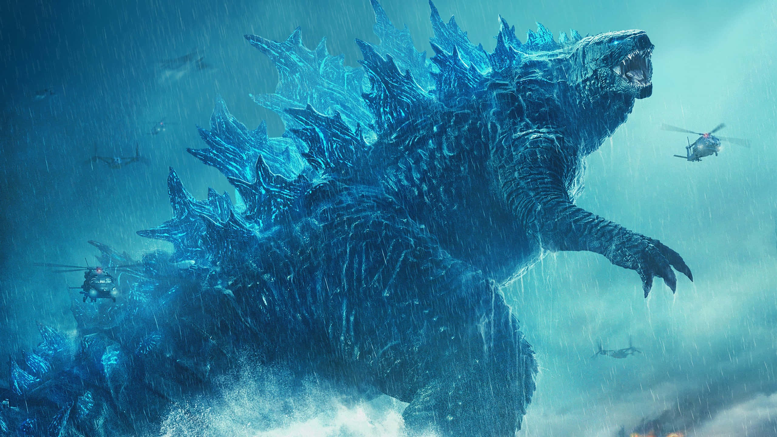 Godzilla Mavi Neon Işıklar ve Helikopterler Resmi Duvar Kağıdı