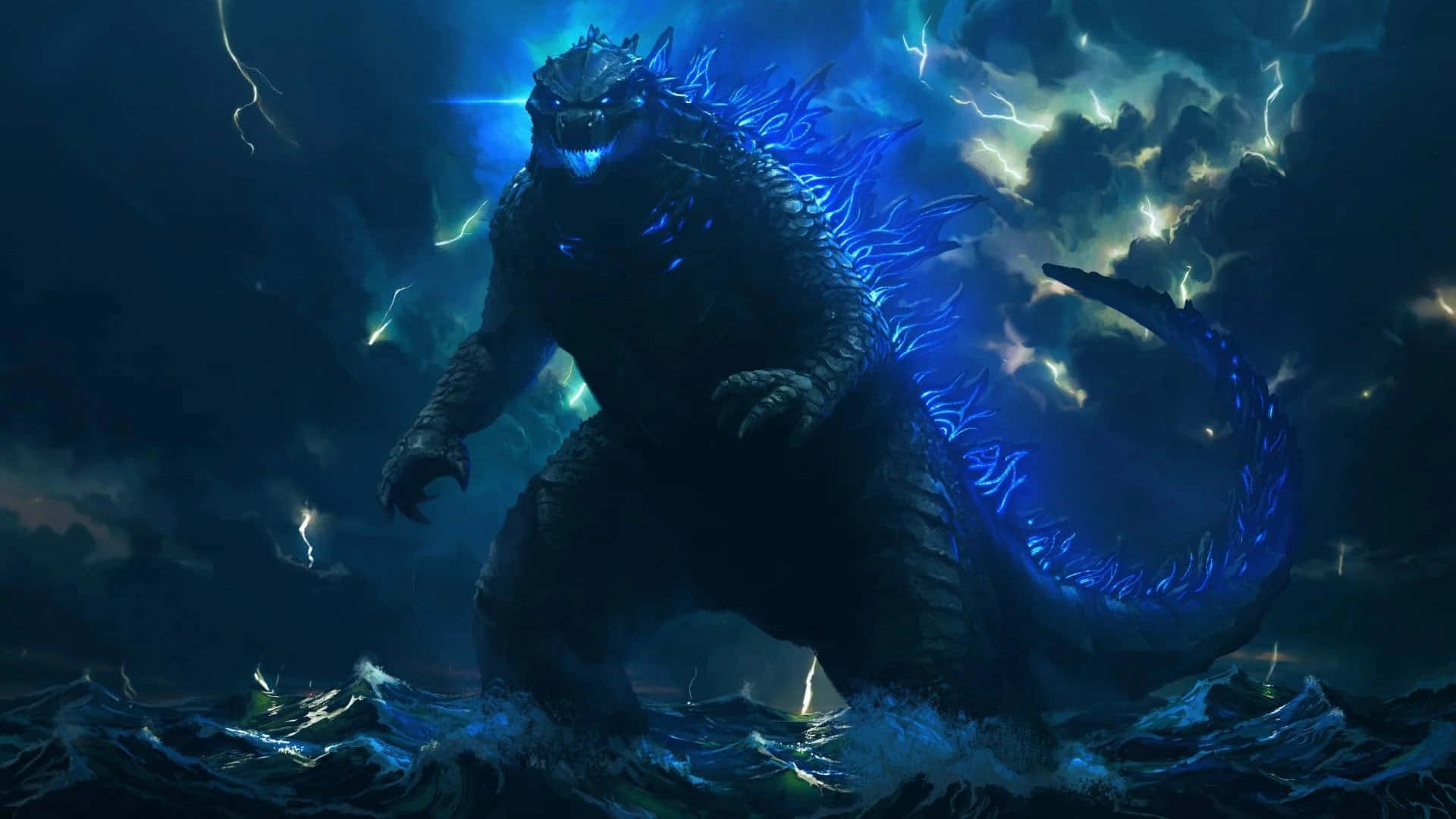 Godzilla Neon Mavi Işık Okyanus Üzerinde Görseli Duvar Kağıdı
