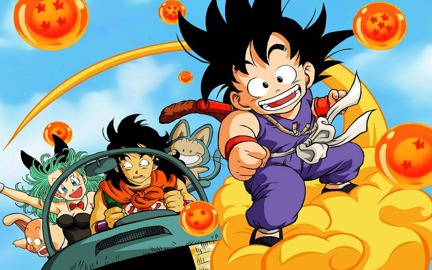 Dragon Ball Z Gohan, Maron ve kocasıyla araba kullanırken küçük Gohan uçan bir buluta biniyor.